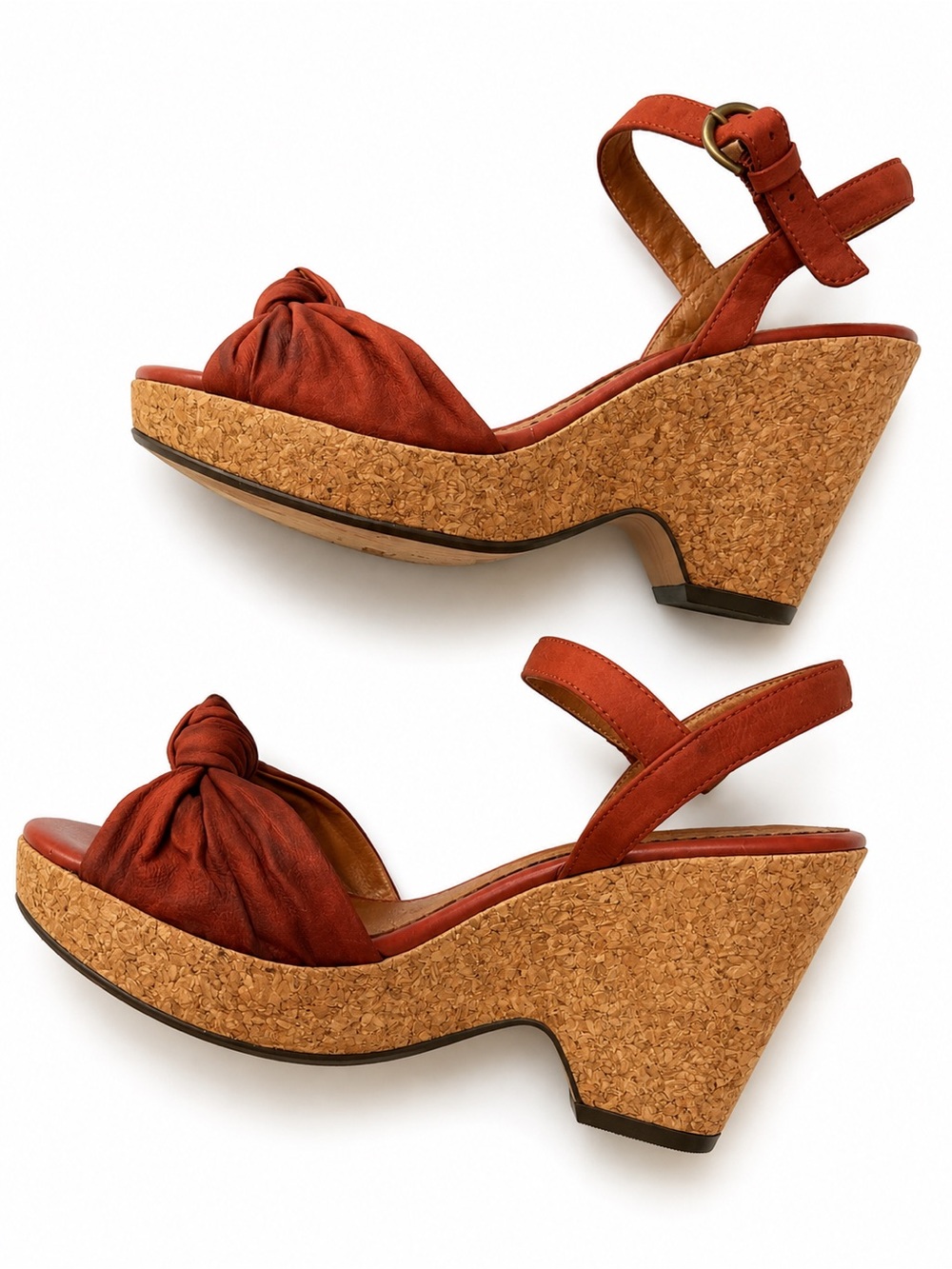 Indigo "Bella Peace" Orange/Red Leather Cork Wedge Sandals size 7